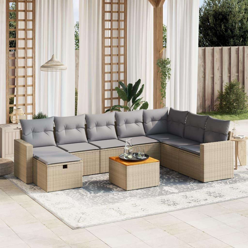 Spisebordssæt til haven 9 dele med hynder polyrattan beige