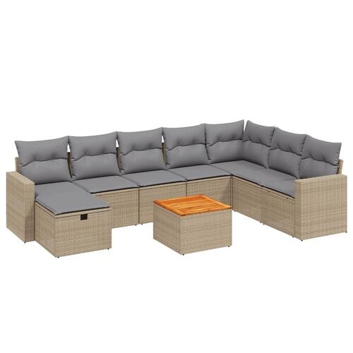 Spisebordssæt til haven 9 dele med hynder polyrattan beige