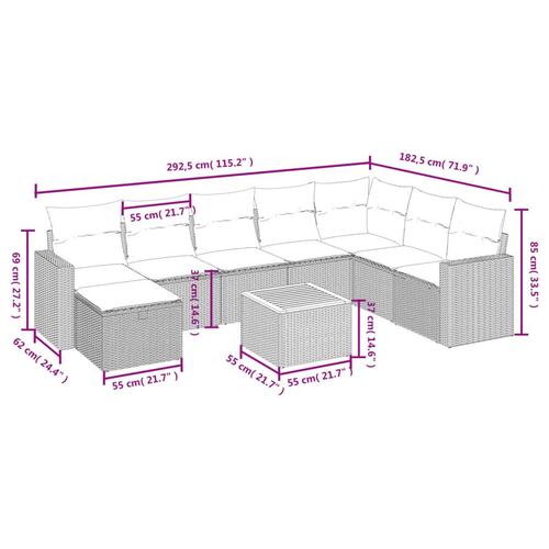 Spisebordssæt til haven 9 dele med hynder polyrattan beige