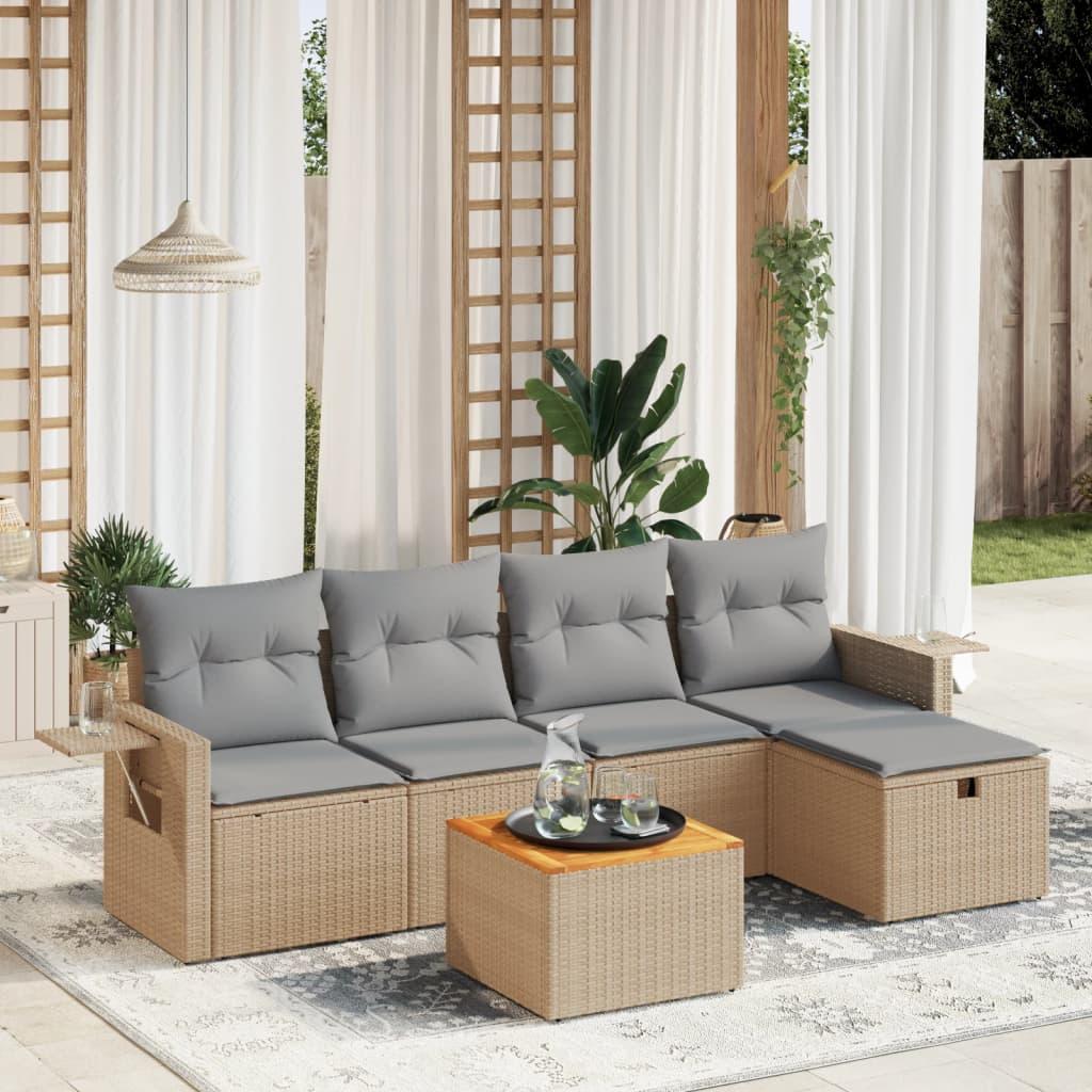 Havesofasæt 6 dele med hynder polyrattan beige