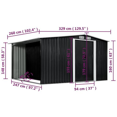 Haveskur med skydedøre 329,5 x 259 x 178 cm stål antracitgrå