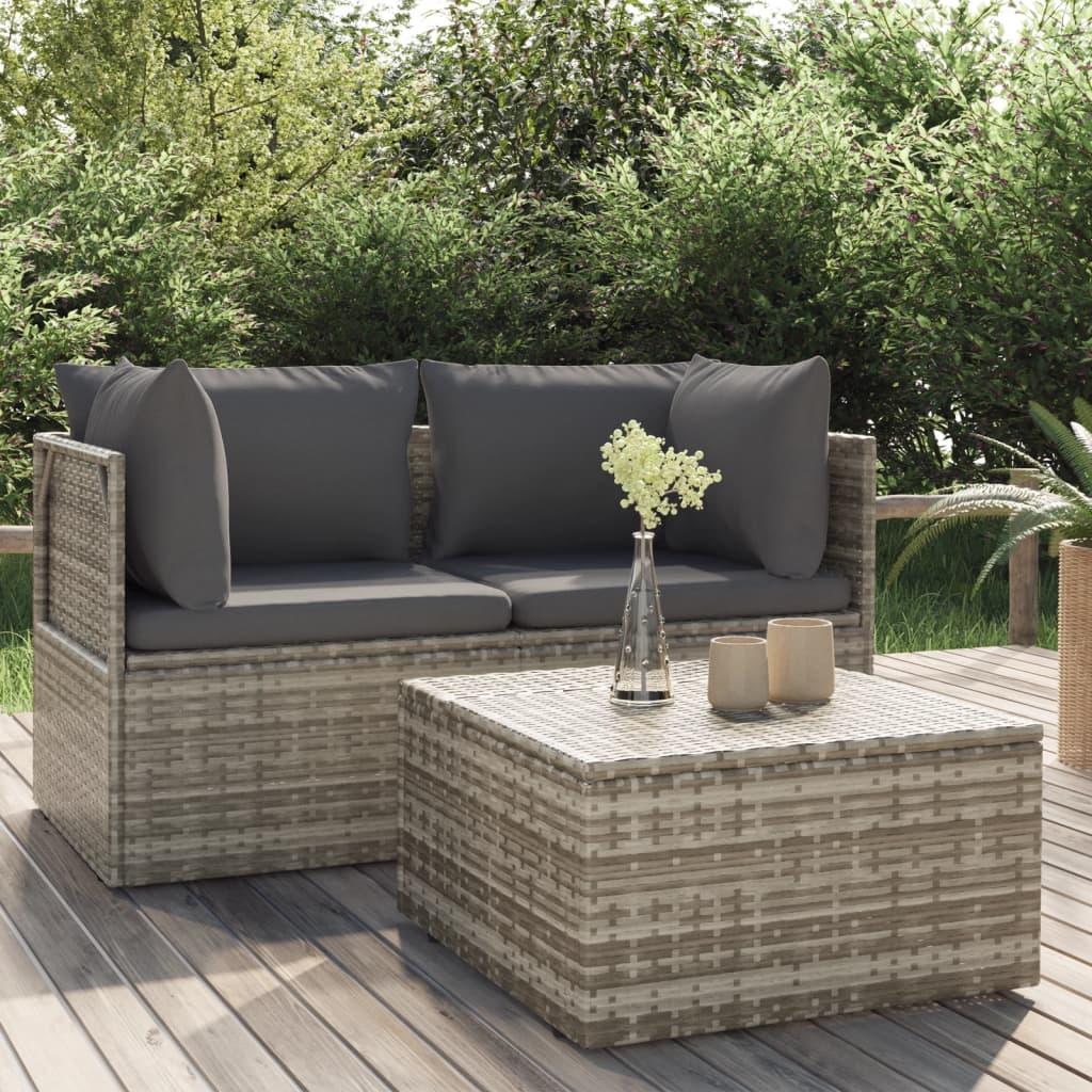Loungesæt til haven 3 dele med hynder polyrattan grå