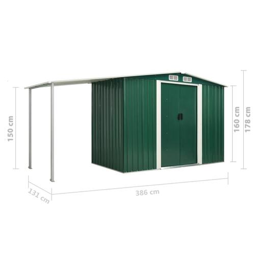 Haveskur med skydedøre 386 x 131 x 178 cm stål grøn