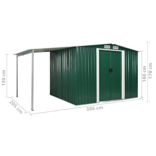 Haveskur med skydedøre 386 x 205 x 178 cm stål grøn
