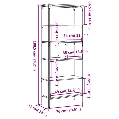 Bogreol 76x33x188,5 cm 5 hylder konstrueret træ røget eg