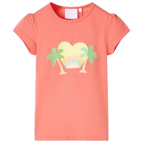 T-shirt til børn str. 128 - koral med regnbue og palmer