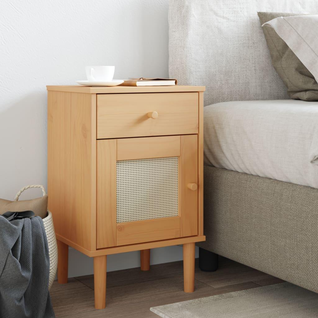 Sengebord SENJA rattanlook 40x35x65 cm massivt fyrretræ brun billede