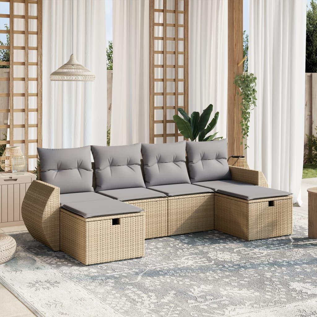 Havesofasæt 6 dele med hynder polyrattan beige