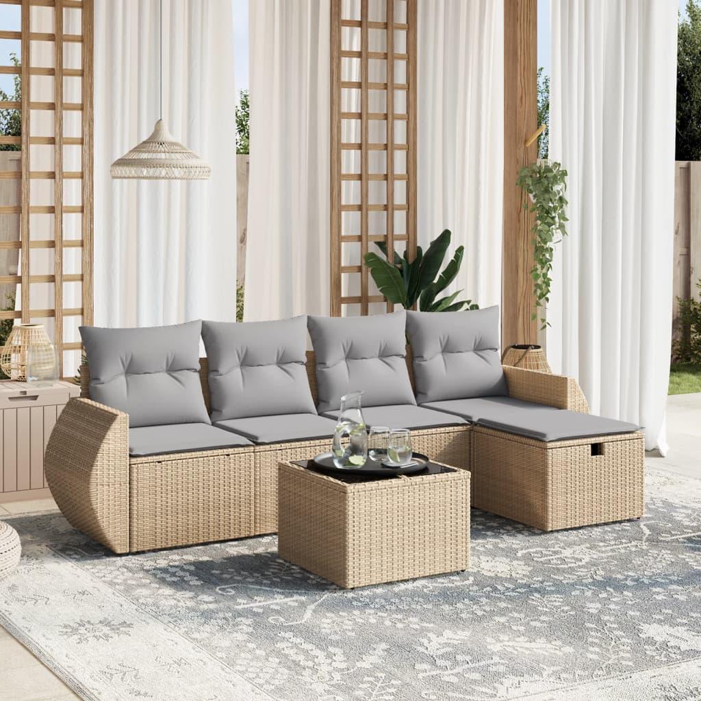Havesofasæt 6 dele med hynder polyrattan beige