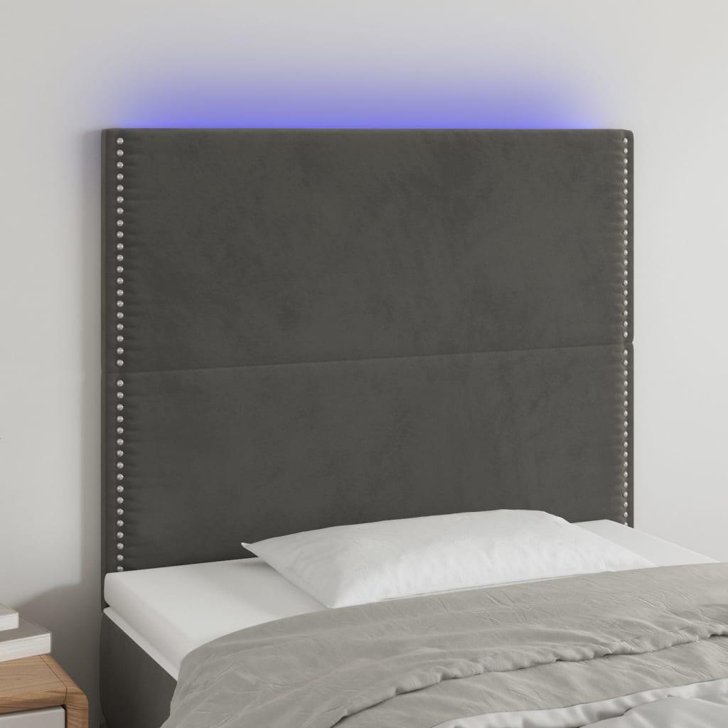 Sengegavl med LED-lys 100x5x118/128 cm fløjl mørkegrå billede