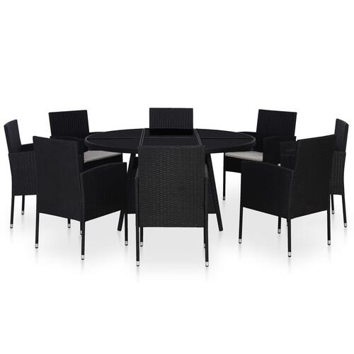 Udendørs spisebordssæt 9 dele med hynder polyrattan sort