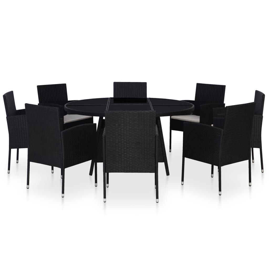 Udendørs spisebordssæt 9 dele med hynder polyrattan sort