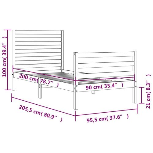 Sengeramme med sengegavl 90x200 cm massivt træ