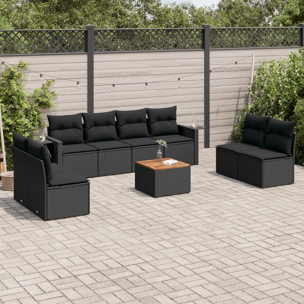 Sofasæt til haven i polyrattan - 9 dele med hynder, sort