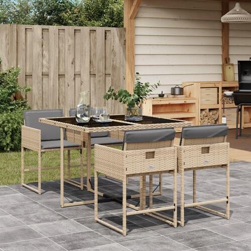 Spisebordssæt til haven 5 dele med hynder polyrattan beige