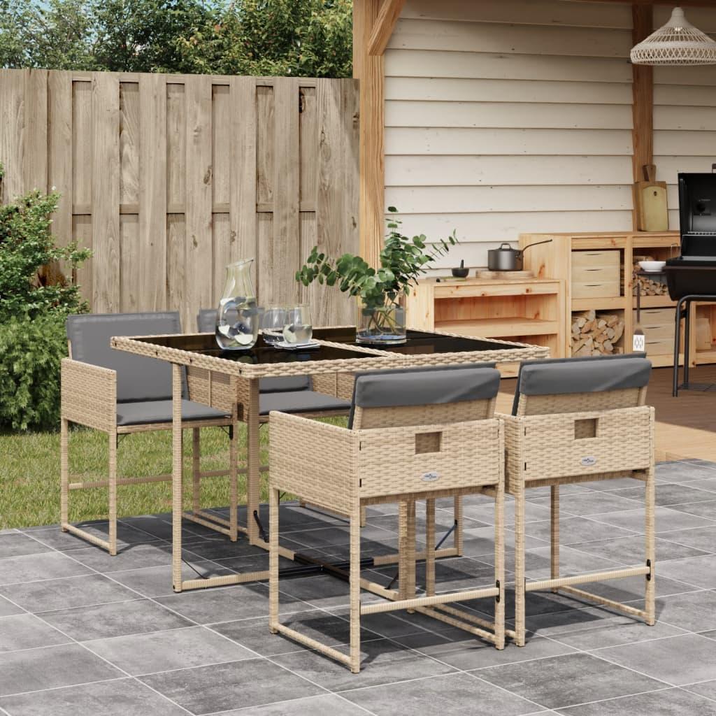 Spisebordssæt til haven 5 dele med hynder polyrattan beige