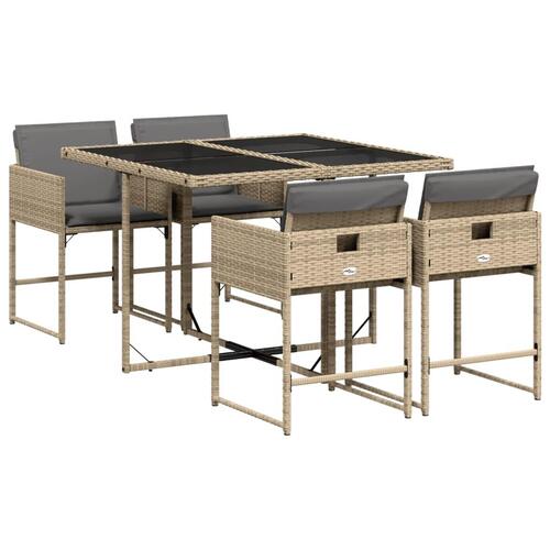Spisebordssæt til haven 5 dele med hynder polyrattan beige