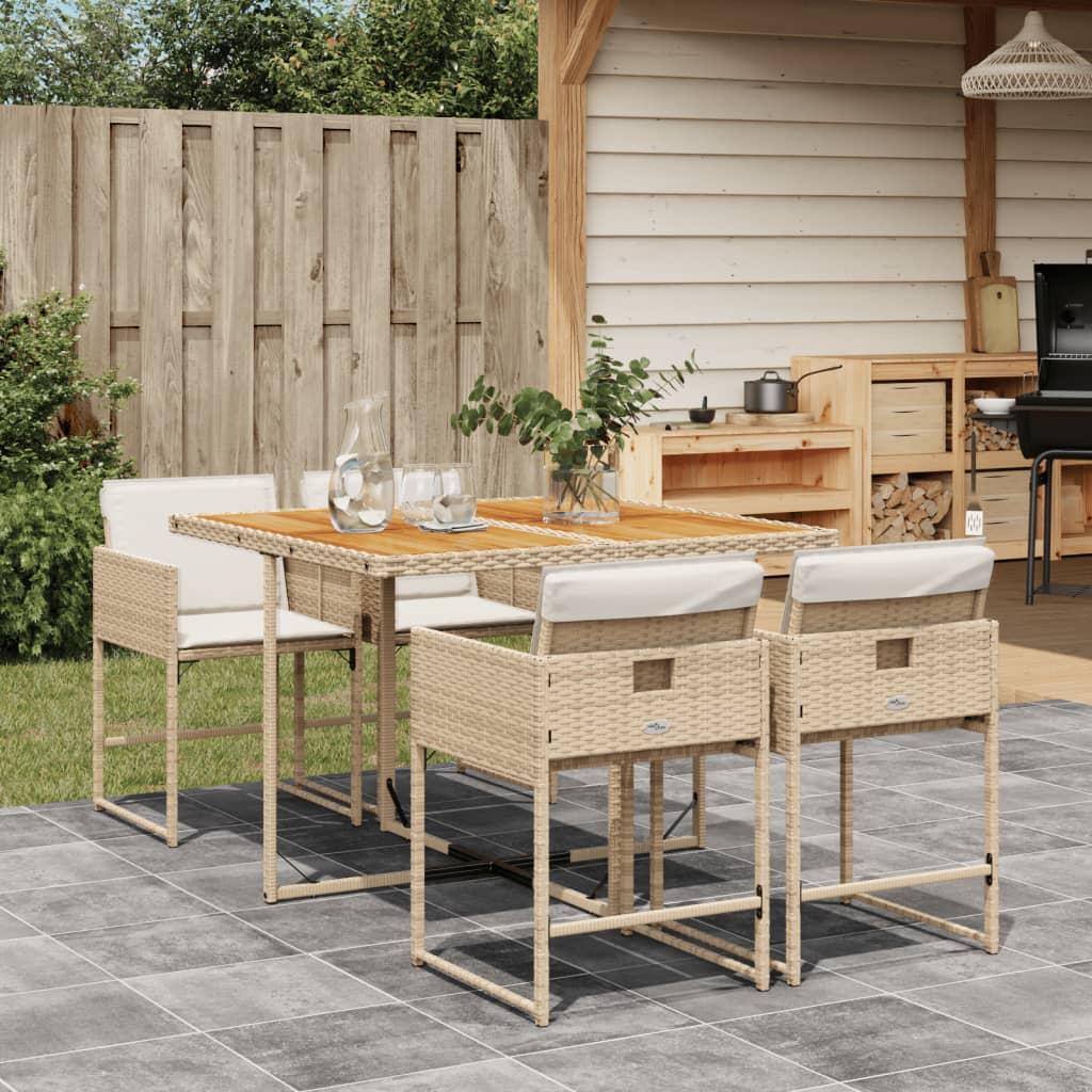 Spisebordssæt til haven 5 dele med hynder polyrattan beige