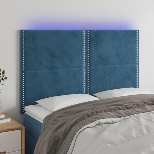 Sengegavl med LED-lys 144x5x118/128 cm fløjl mørkeblå