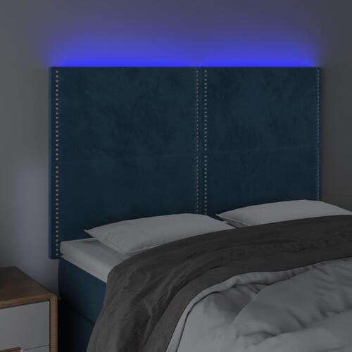 Sengegavl med LED-lys 144x5x118/128 cm fløjl mørkeblå