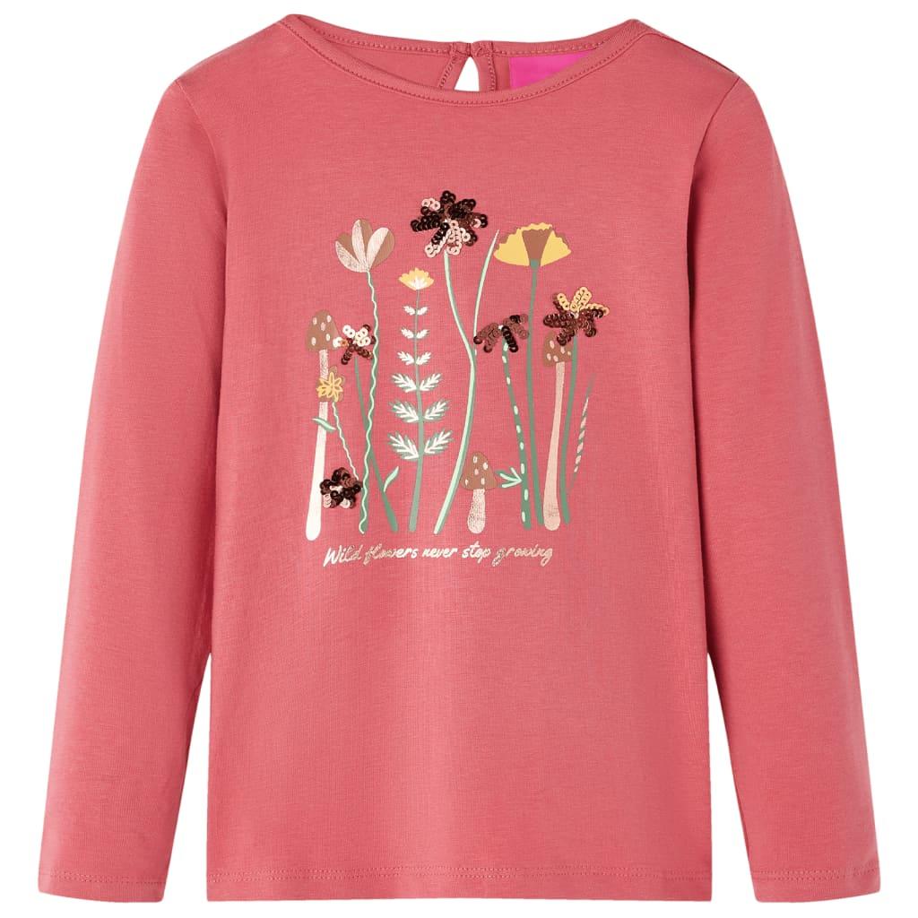 Langærmet T-shirt til børn - str. 104, gammelrosa med blomster billede