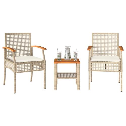Bistrosæt 3 dele med hynder polyrattan og akacietræ beige