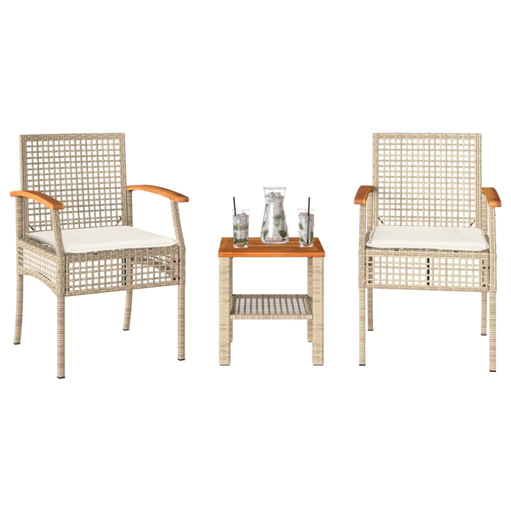 Bistrosæt 3 dele med hynder polyrattan og akacietræ beige