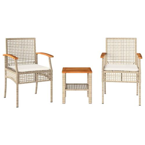 Bistrosæt 3 dele med hynder polyrattan og akacietræ beige