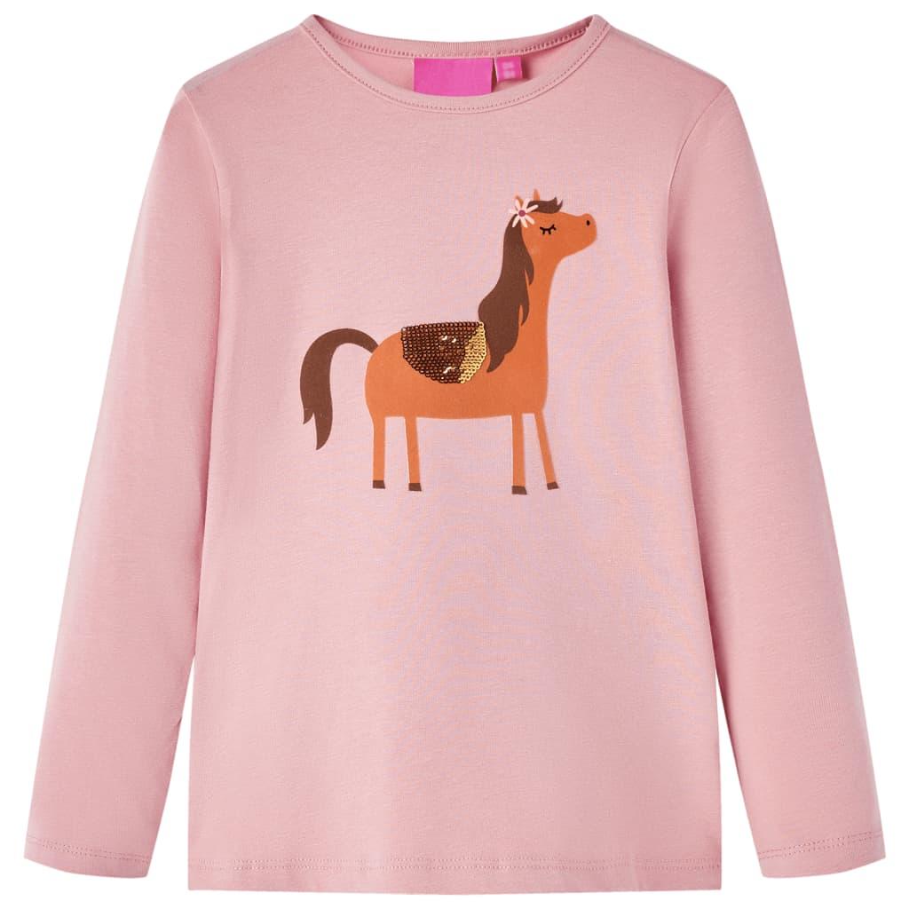 Langærmet T-shirt til børn str. 116 - lyserød med pony billede