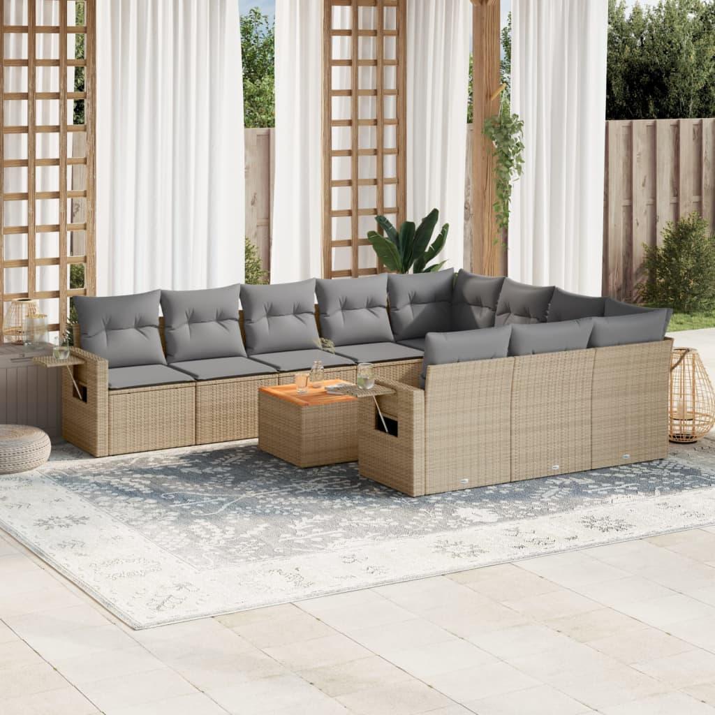 Havesofasæt 11 dele med hynder polyrattan beige