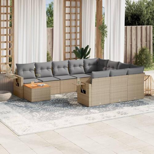 Havesofasæt 11 dele med hynder polyrattan beige