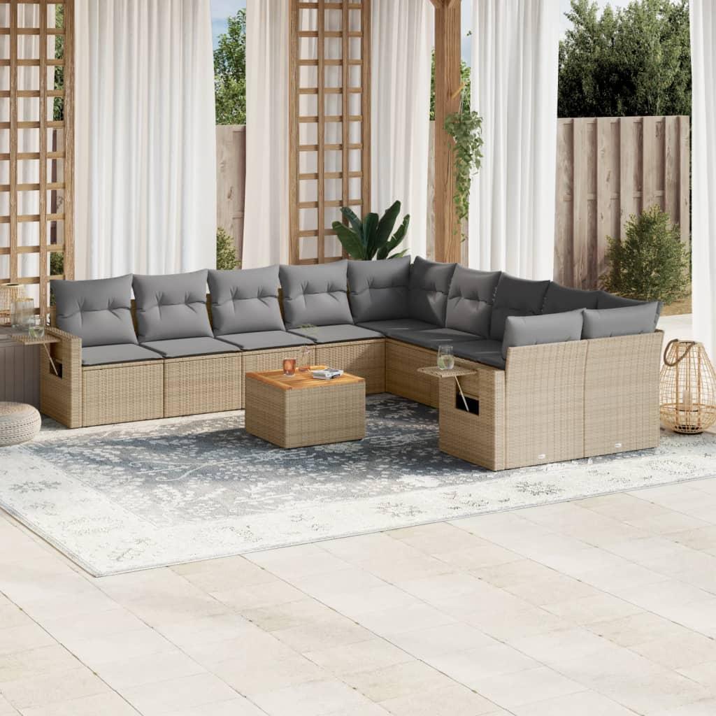 Havesofasæt 11 dele med hynder polyrattan beige