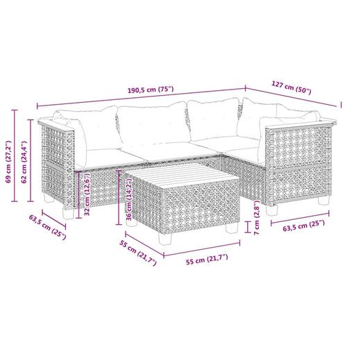 Sofasæt 5 dele med hynder polyrattan grå