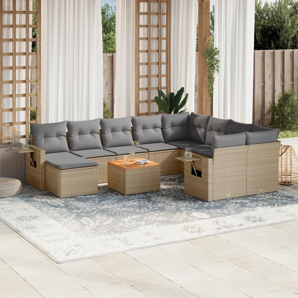 Havesofasæt 11 Dele Med Hynder Polyrattan Beige - beige og grå