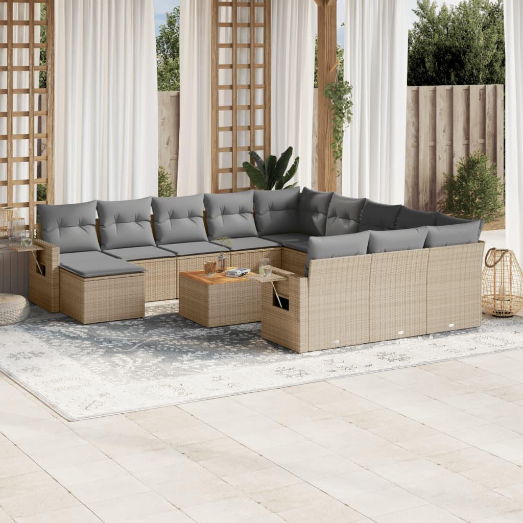 Spisebordssæt til haven 13 dele med hynder polyrattan beige