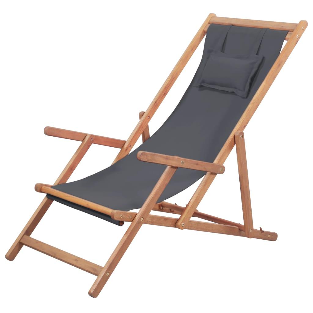 Foldbar strandstol stof og træstel grå