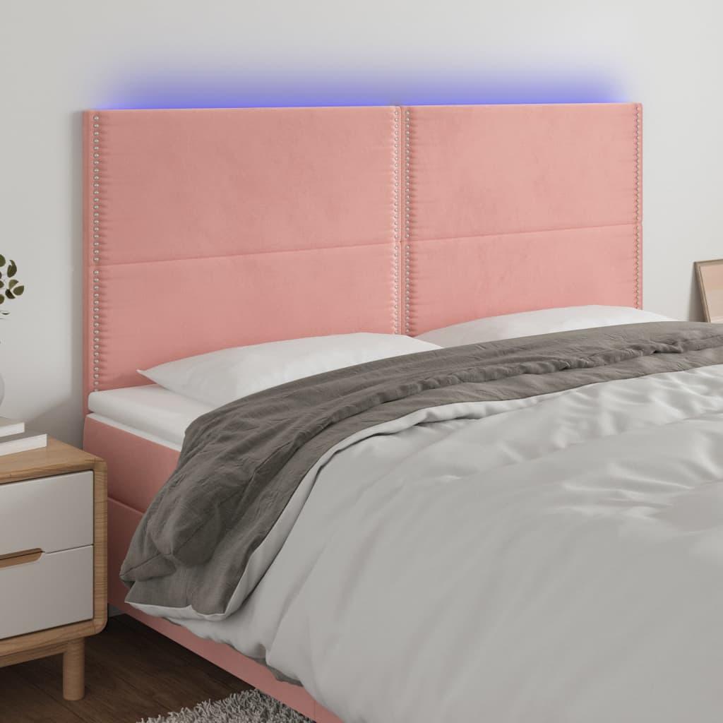 Sengegavl med LED-lys 200x5x118/128 cm fløjl lyserød billede