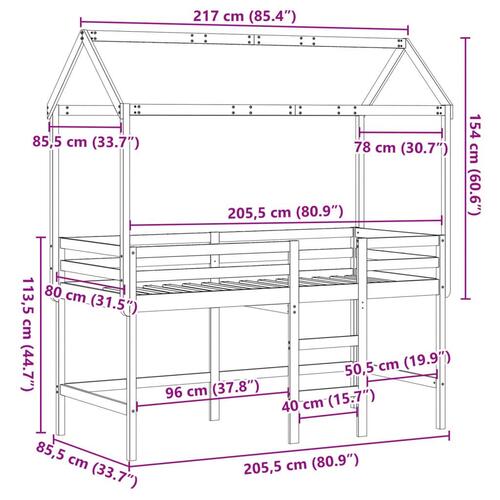 Højseng med stige og tag 80x200 cm massivt fyrretræ hvid