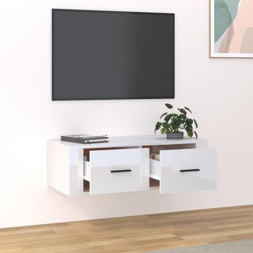 Væghængt tv-skab 80x36x25 cm konstrueret træ hvid højglans