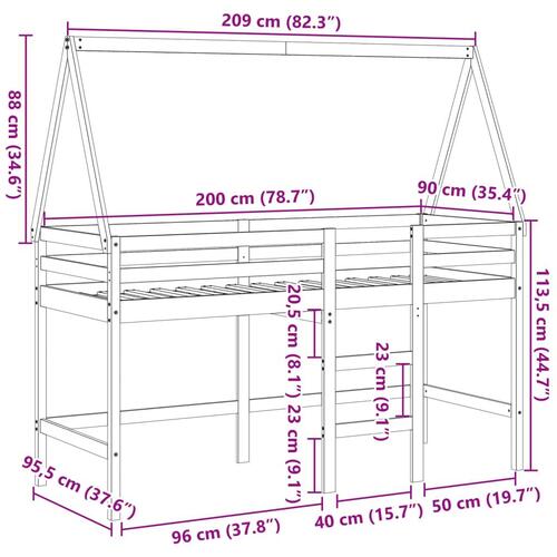 Højseng med stige og tag 90x200 cm massivt fyrretræ hvid