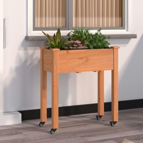 Plantekasse med hjul og foring 71×37×80 cm - massivt fyrretræ, brun