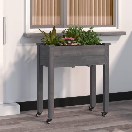 Plantekasse med foring og hjul 71×37×80 cm - massivt fyrretræ, grå