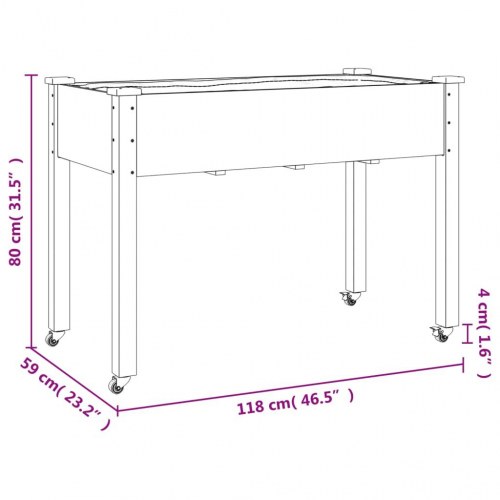 Plantekasse med hjul og foring 118×59×80 cm - massivt fyrretræ