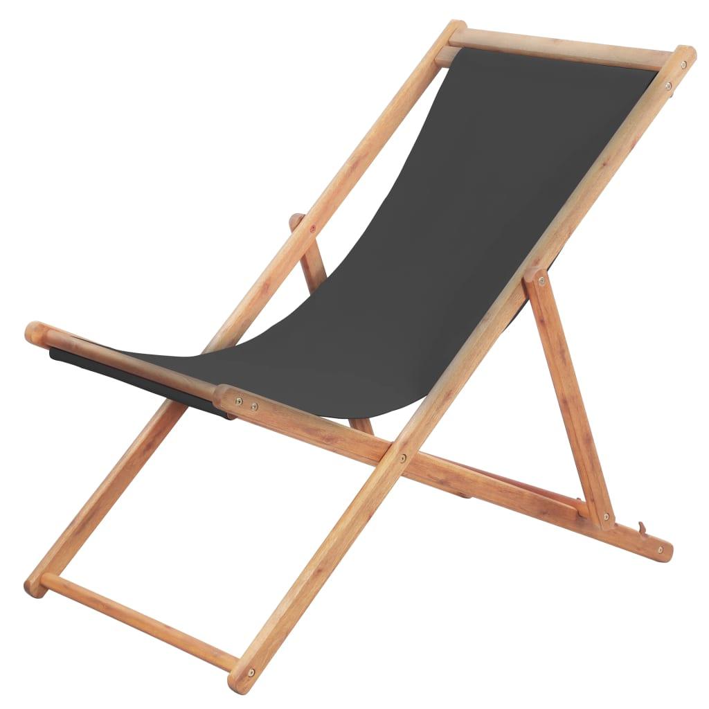 Foldbar strandstol stof og træstel grå