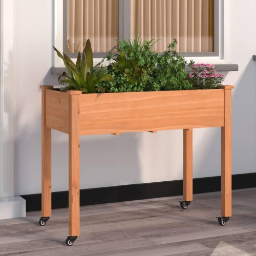Plantekasse med foring og hjul 118×59×80 cm - massivt fyrretræ, brun