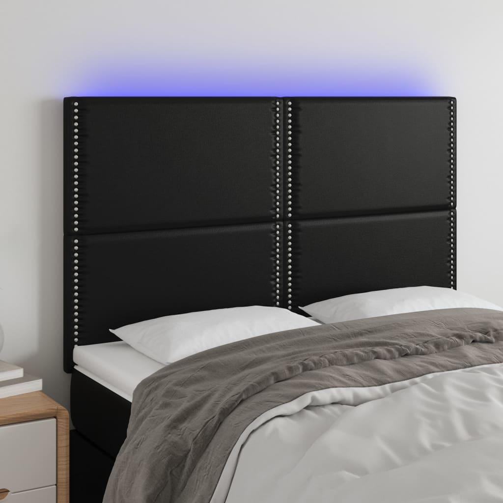 Sengegavl med LED-lys 144x5x118/128 cm kunstlæder sort