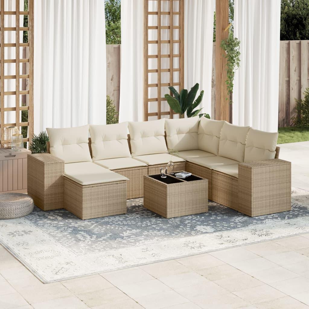 Sofasæt til haven i polyrattan - 8 dele med hynder, beige