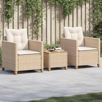 Bistrosæt 3 dele med hynder polyrattan og akacietræ beige