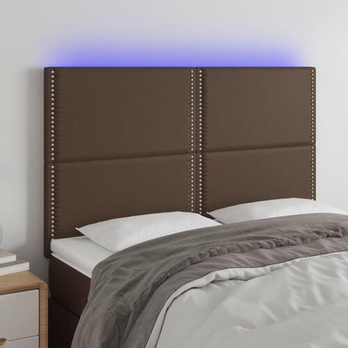 Sengegavl med LED-lys 144x5x118/128 cm kunstlæder brun