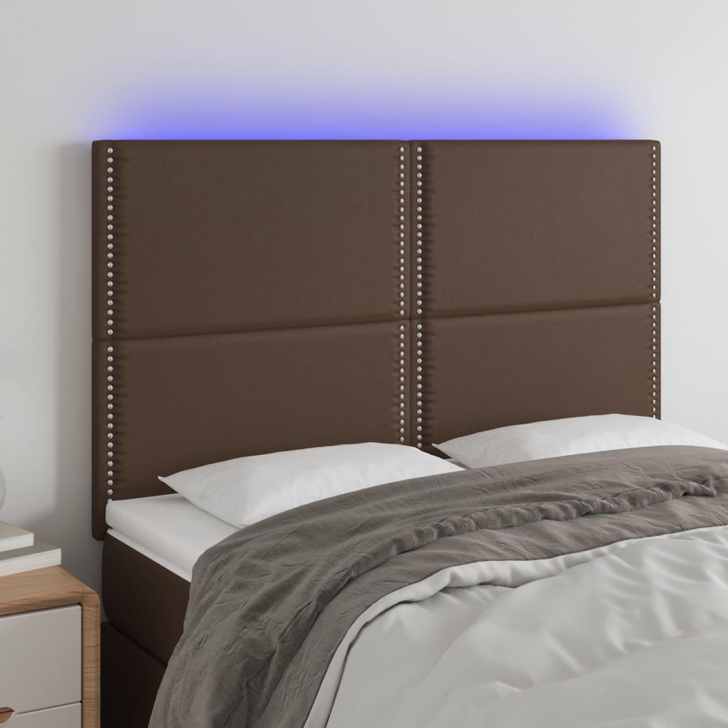Sengegavl med LED-lys 144x5x118/128 cm kunstlæder brun
